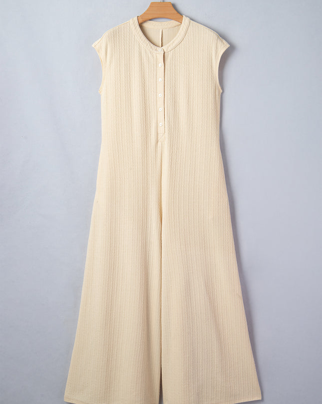 Jet Stream Half Buttons Ribbed Knit Wide Leg Jumpsuit