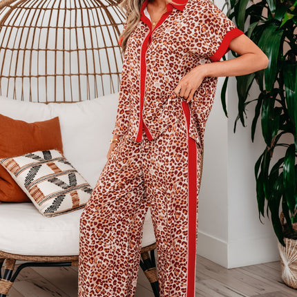 Brown Contrast Trim Leopard Top and Pant Set