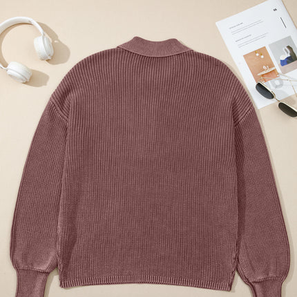 Dark Brown Washed Knit Button Polo Collar Loose Sweater