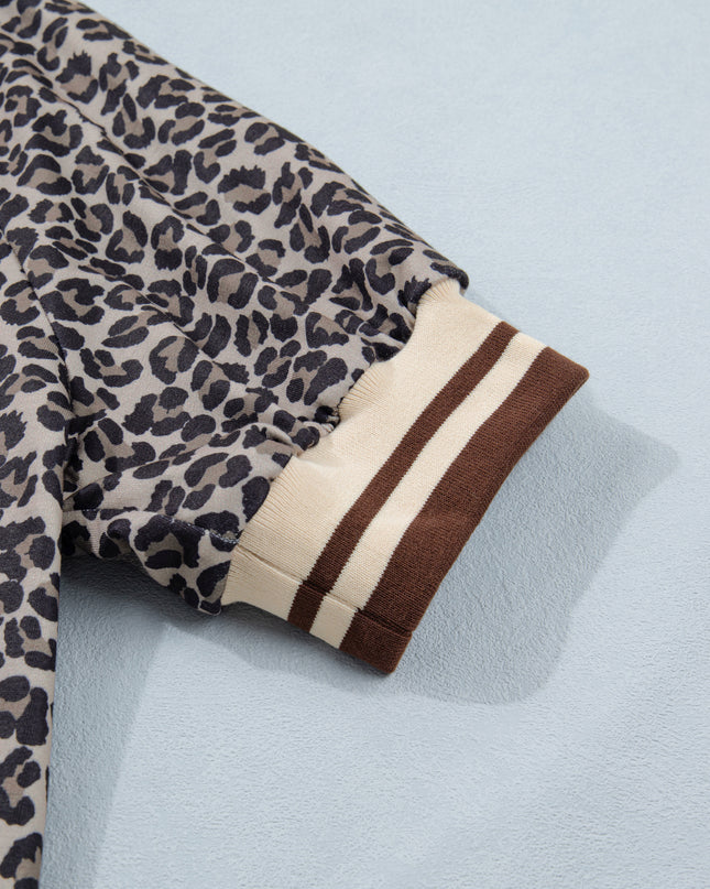 Khaki Leopard Print Half Zip Striped Trim Patchwork Short Sleeve Top