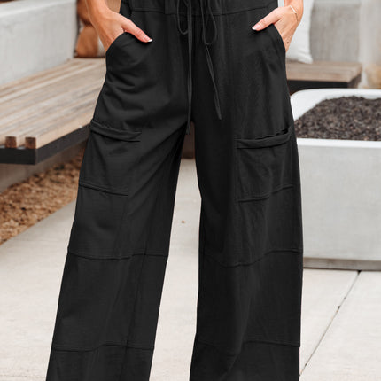 Bonbon Exposed Seam Drawstring Elastic Waistband Wide Leg Cargo Pants