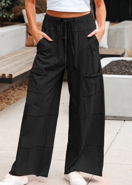 Bonbon Exposed Seam Drawstring Elastic Waistband Wide Leg Cargo Pants
