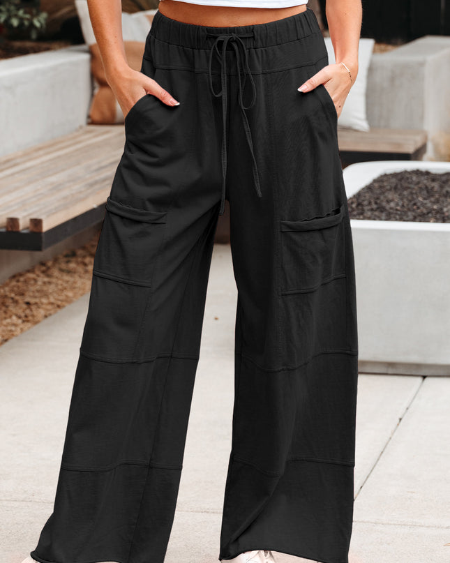 Bonbon Exposed Seam Drawstring Elastic Waistband Wide Leg Cargo Pants
