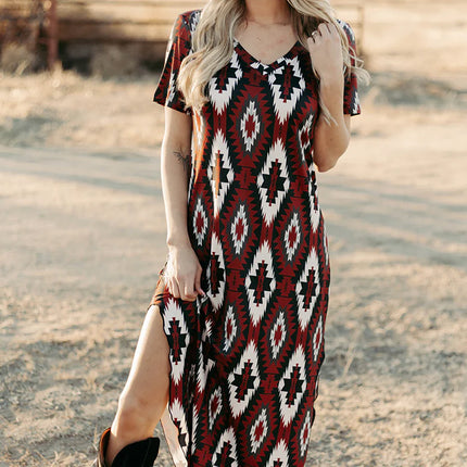 Red Western Aztec Printed Long T-shirt Dress