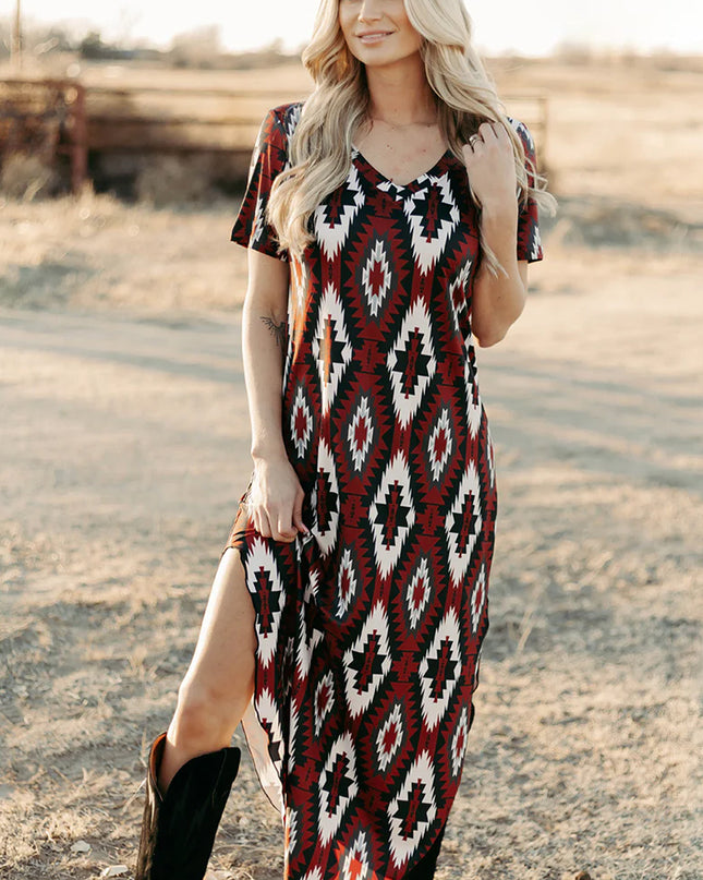 Red Western Aztec Printed Long T-shirt Dress
