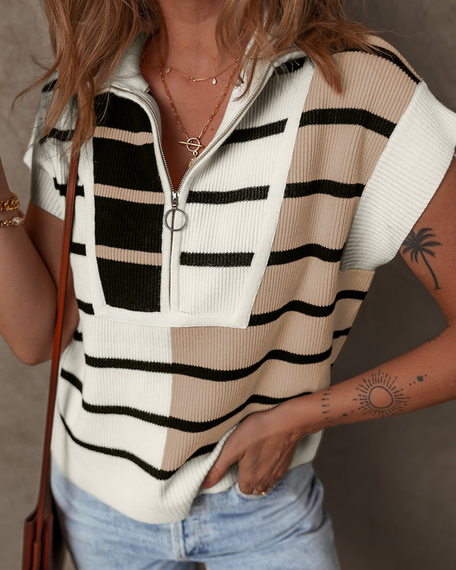Black Stripe Colorblock Quarter Zip Collar Sweater Vest