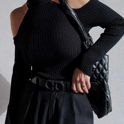 Black Ribbed Knit Cold Shoulder Choker Neck Sweater