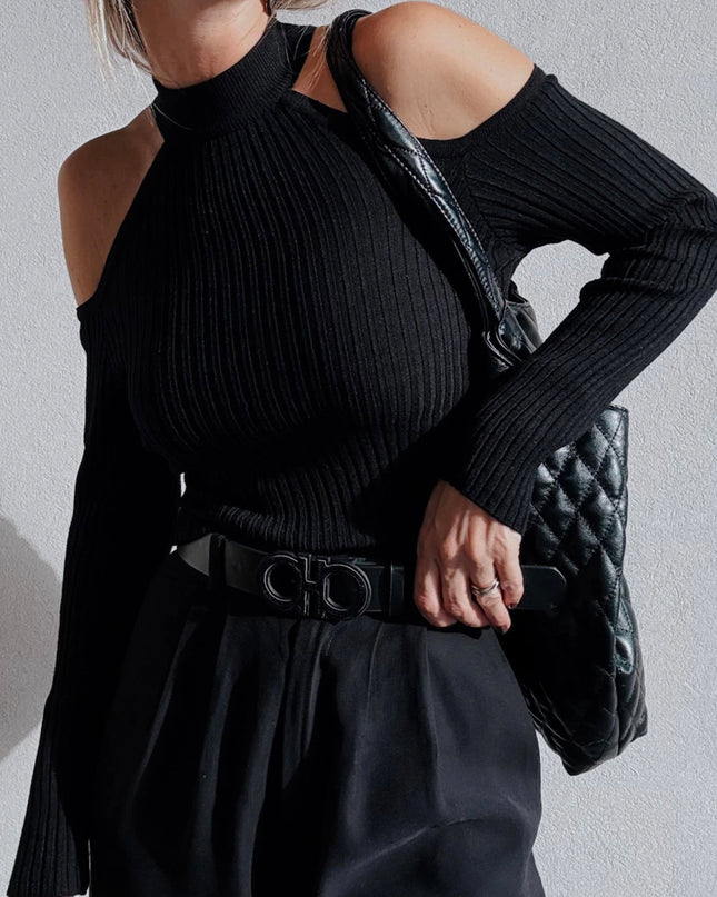 Black Ribbed Knit Cold Shoulder Choker Neck Sweater