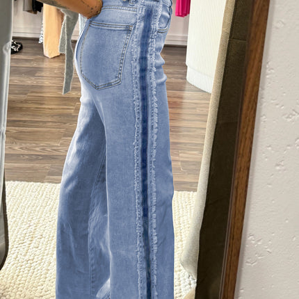 Beau Blue Contrast Stripe Frayed Side Panel Patchwork Shift Jeans