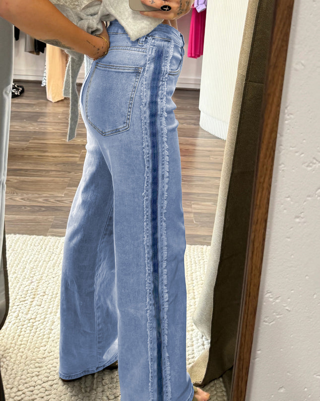 Beau Blue Contrast Stripe Frayed Side Panel Patchwork Shift Jeans