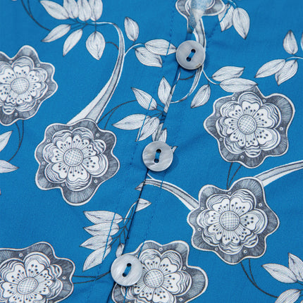 Blue Floral Print Button Tie Neck Striped Detail Short Sleeve Blouse