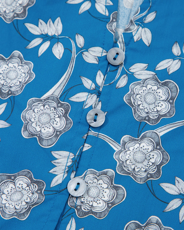 Blue Floral Print Button Tie Neck Striped Detail Short Sleeve Blouse