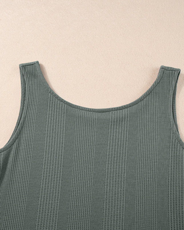 Beau Blue Solid Color Ribbed Ruffle Tank Top and Pants Set