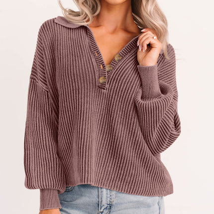 Dark Brown Washed Knit Button Polo Collar Loose Sweater