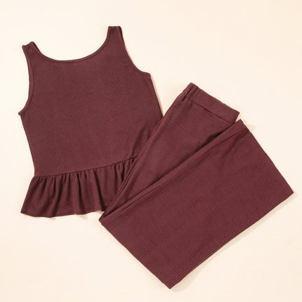 Beau Blue Solid Color Ribbed Ruffle Tank Top and Pants Set