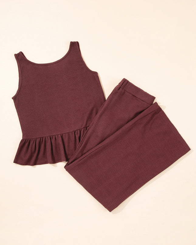 Beau Blue Solid Color Ribbed Ruffle Tank Top and Pants Set