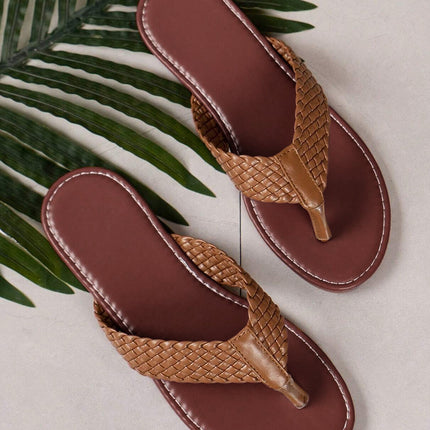 Chestnut Braided Strap PU Leather Flip Flop