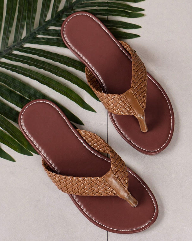 Chestnut Braided Strap PU Leather Flip Flop