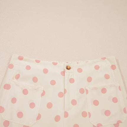 White Polka Dot Print Patched Pocket Loose Pants