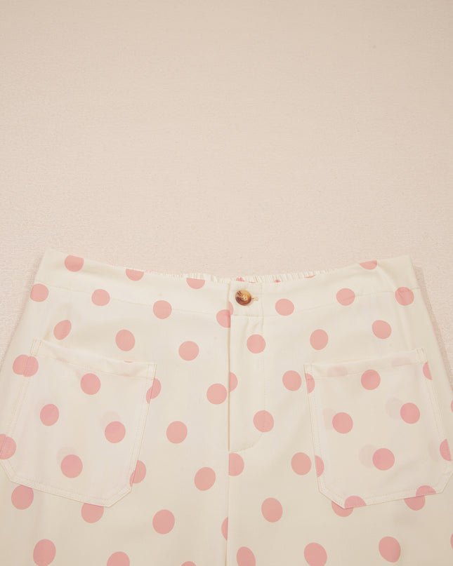White Polka Dot Print Patched Pocket Loose Pants
