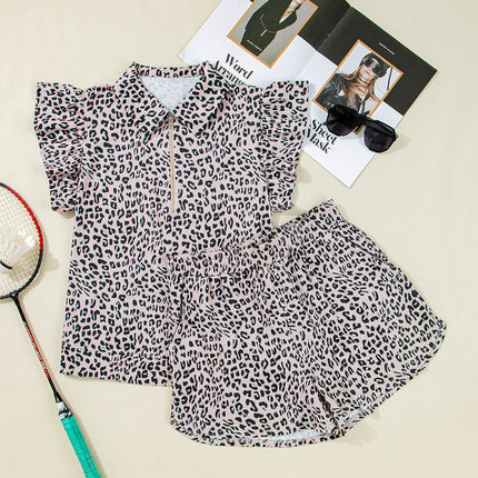 Brown Leopard Half Zipper Collared Ruffled Sleeve Top and Short Set