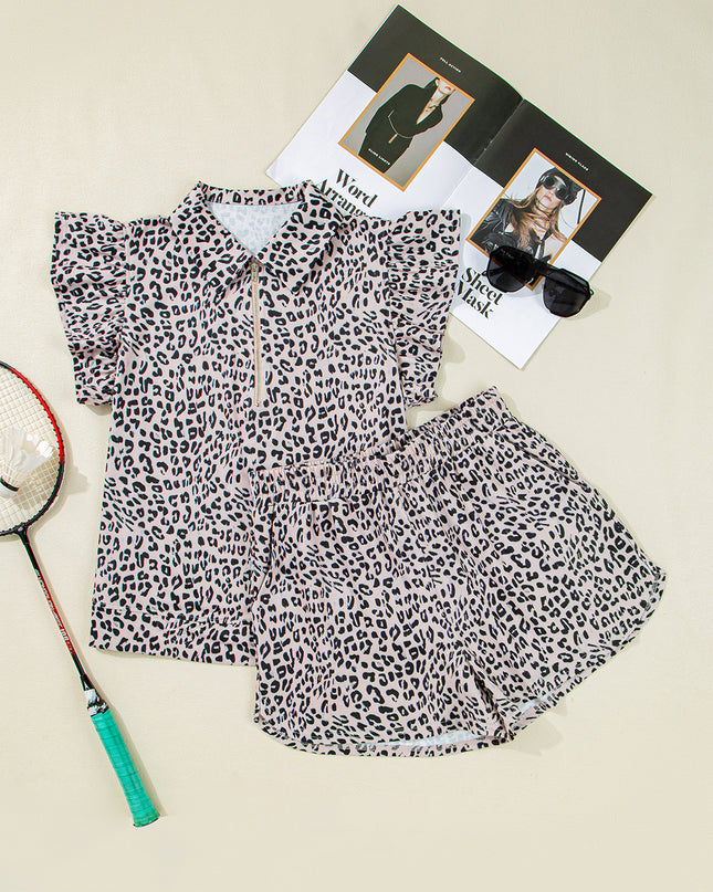 Brown Leopard Half Zipper Collared Ruffled Sleeve Top and Short Set