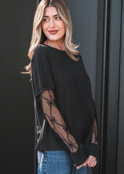 Light Pink Solid Color Bow Textured Patchwork Long Sleeve Tee