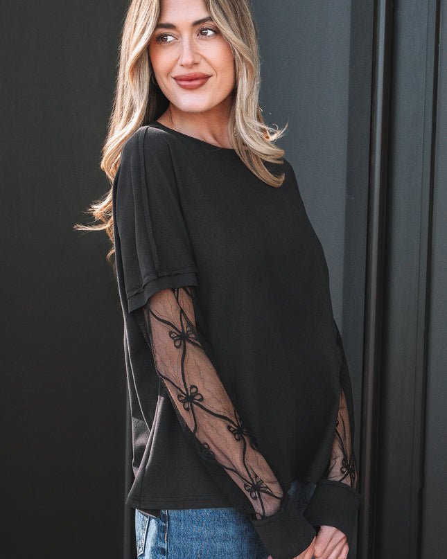 Light Pink Solid Color Bow Textured Patchwork Long Sleeve Tee