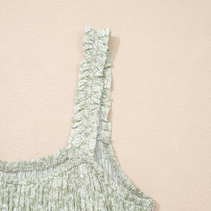 Green Smocked Bodice Square Neck Sleeveless Floral Jumpsuit