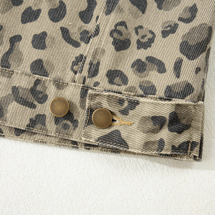Khaki Retro Leopard Print Seam Detail Button Down Denim Jacket