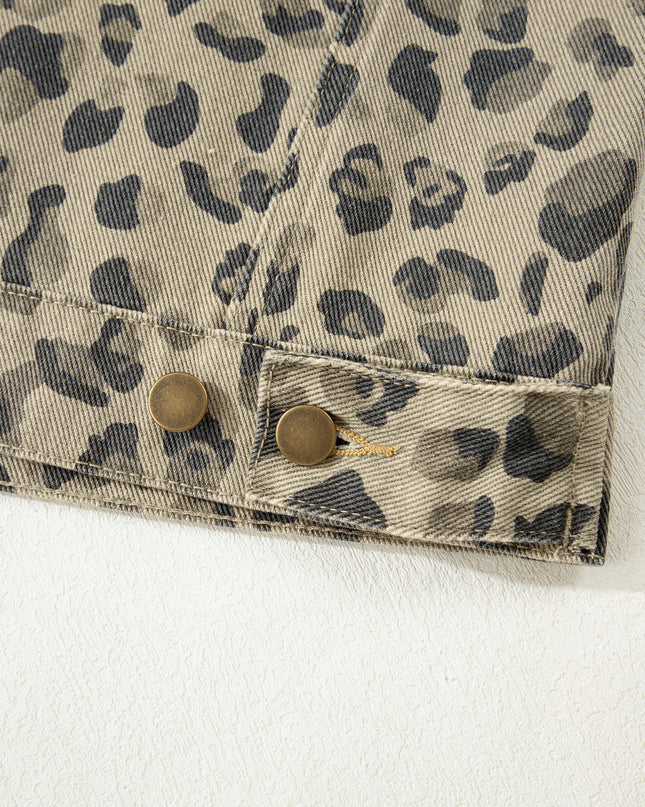 Khaki Retro Leopard Print Seam Detail Button Down Denim Jacket