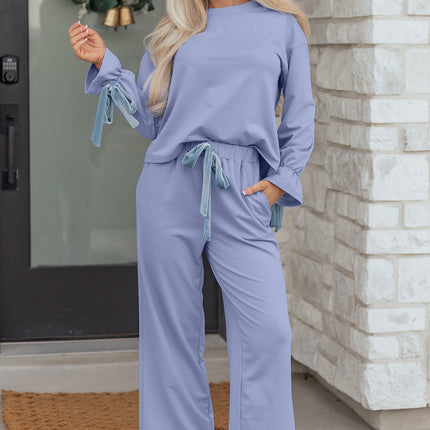 Beau Blue Flounce Long Sleeve Top Drawstring Pants Contrast Velvet Bow Knot 2pcs Lounge Set