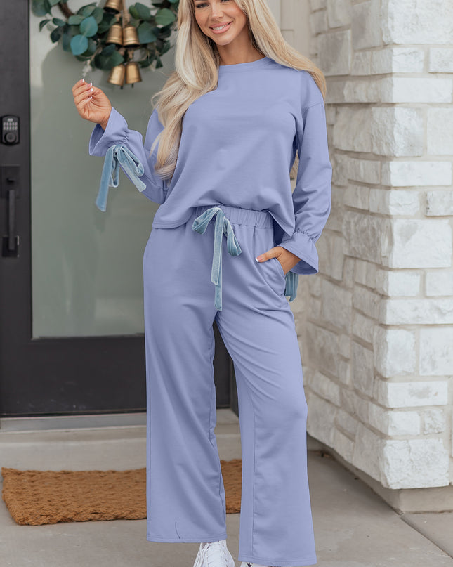 Beau Blue Flounce Long Sleeve Top Drawstring Pants Contrast Velvet Bow Knot 2pcs Lounge Set