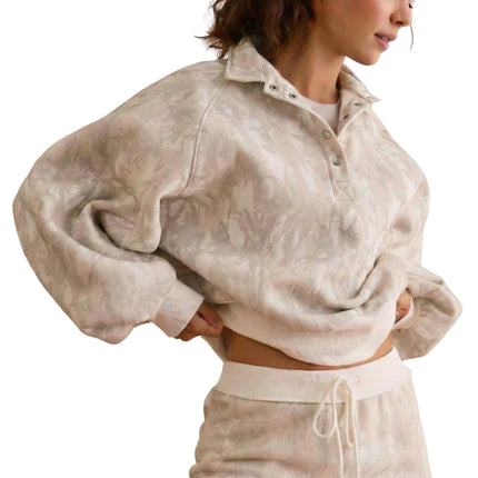 White Abstract Woodland Print Balloon Sleeve Pullover Drawstring Mini Skort Set