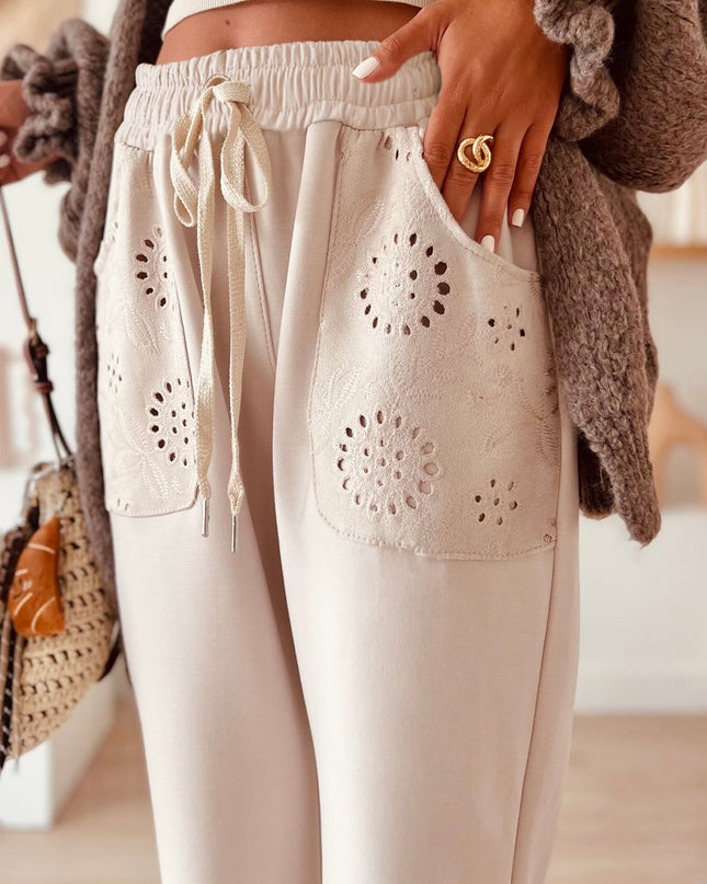 Jet Stream Embroidered Patched Pockets Drawstring Pants