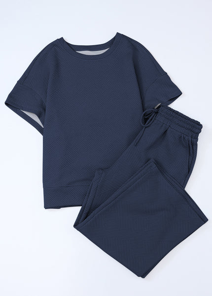 Black Textured Loose Fit T Shirt and Drawstring Pants Set