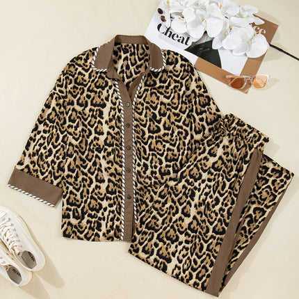 Brown Leopard Collared 3/4 Sleeve Shirt and Loose Pants Two Piece Outfit Set