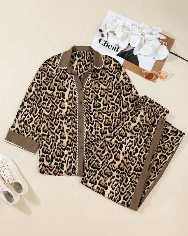 Brown Leopard Collared 3/4 Sleeve Shirt and Loose Pants Two Piece Outfit Set