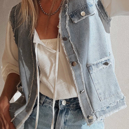 Beau Blue Frayed Edge Flap Pockets Denim Vest Jacket