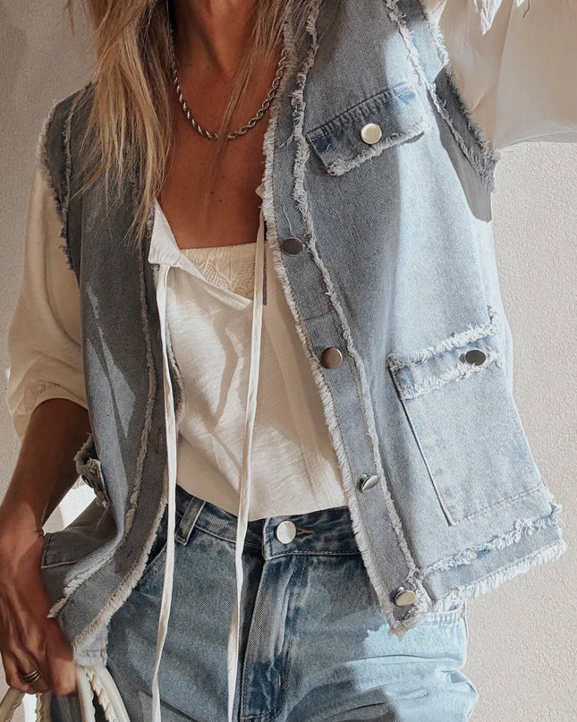 Beau Blue Frayed Edge Flap Pockets Denim Vest Jacket