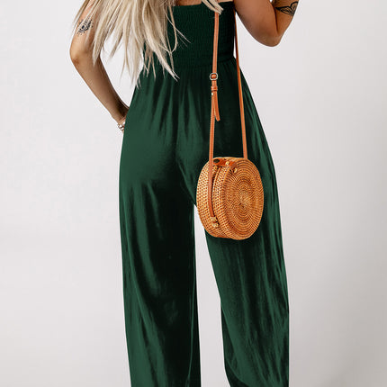 Ginger Smocked Sleeveless Wide Leg Jumpsuit with Pockets