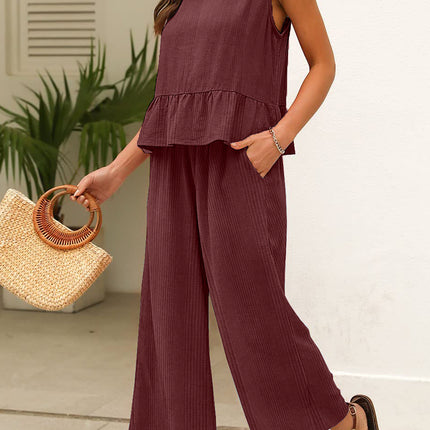 Beau Blue Solid Color Ribbed Ruffle Tank Top and Pants Set