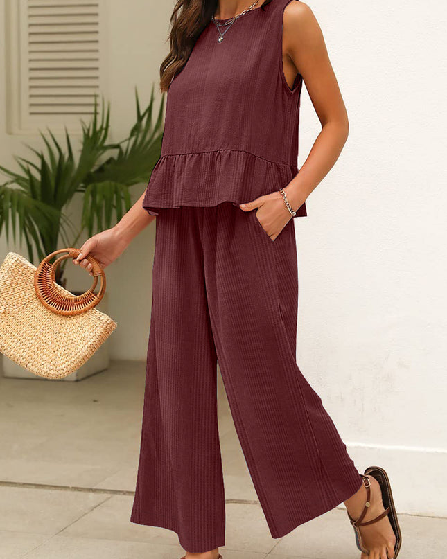 Beau Blue Solid Color Ribbed Ruffle Tank Top and Pants Set
