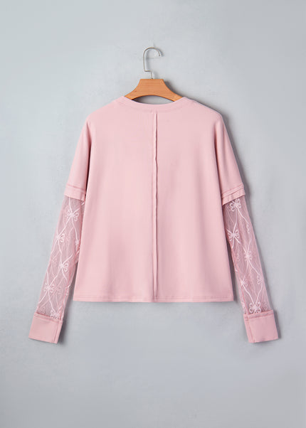 Light Pink Solid Color Bow Textured Patchwork Long Sleeve Tee