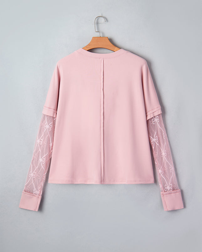 Light Pink Solid Color Bow Textured Patchwork Long Sleeve Tee