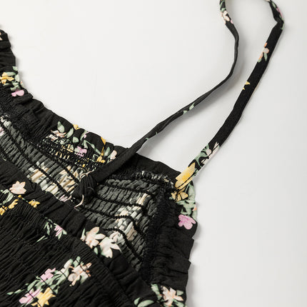 Black Floral Spaghetti Strap Shirred Bodice Tied Empire Waist Maxi Dress