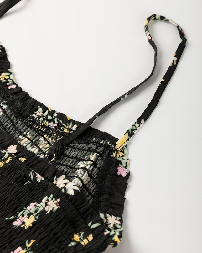 Black Floral Spaghetti Strap Shirred Bodice Tied Empire Waist Maxi Dress