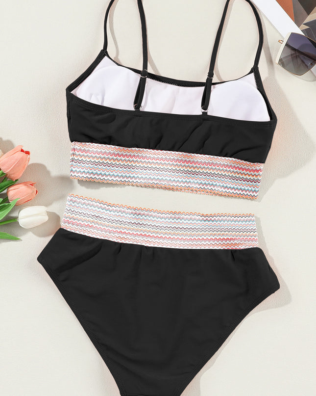 Peach Blossom Striped Patchwork Spaghetti Strap High Waist Bikini Swimsuit