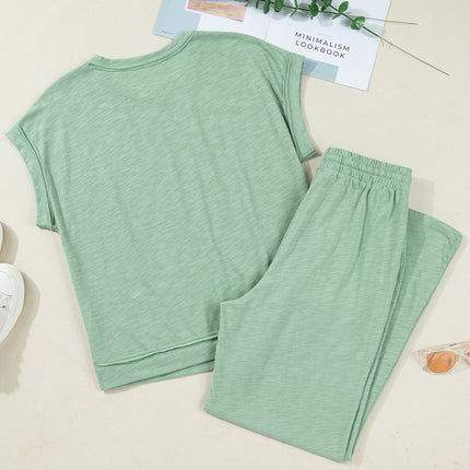 Canton Cuffed Short Sleeve Tee Raw Seam Patch Pocket Drawstring Pants Set