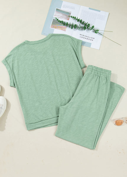 Canton Cuffed Short Sleeve Tee Raw Seam Patch Pocket Drawstring Pants Set